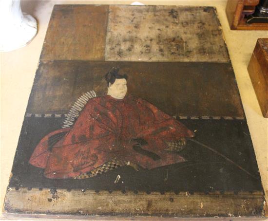 A Japanese painted wood panel, 50.5cm x 38cm